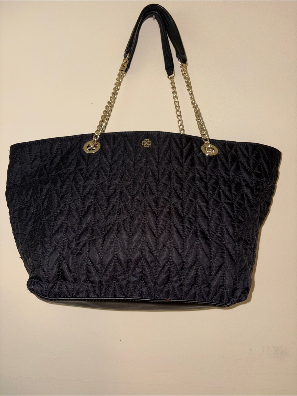 Ann Taylor Black Quilted Tote with Gold Chain Straps